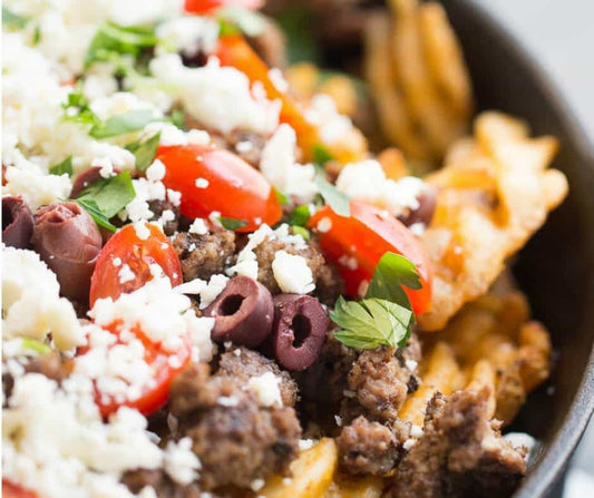 Loaded Greek Gyro Mac n' Cheese Fries